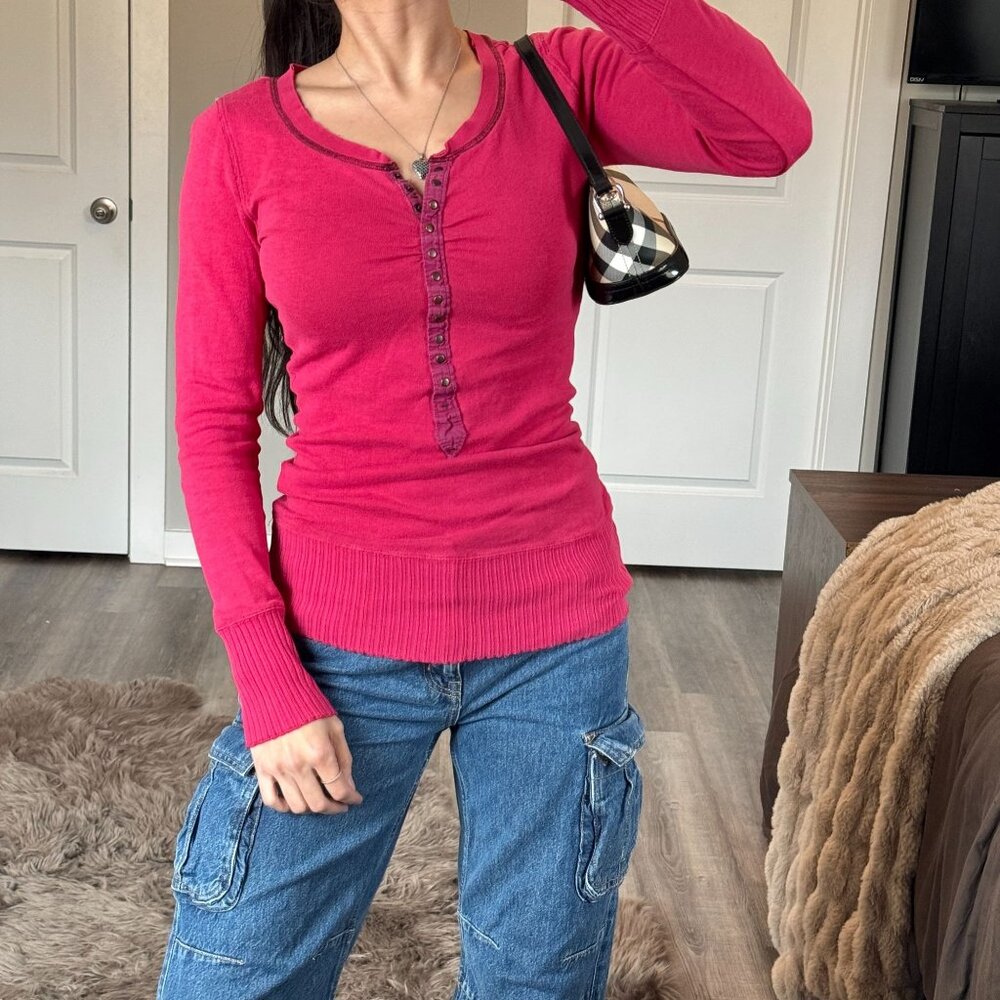 Y2K Free People Hot Pink Henley Top Long Sleeve Preppy Alt Grunge Twilight Sz M